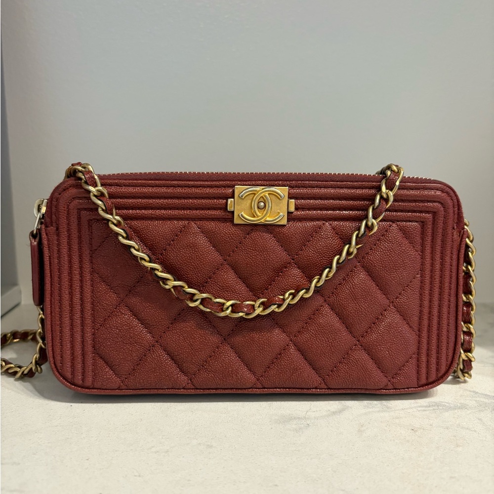 Chanel Lambskin Quilted Small Boy Clutch With Chain Red- RARE